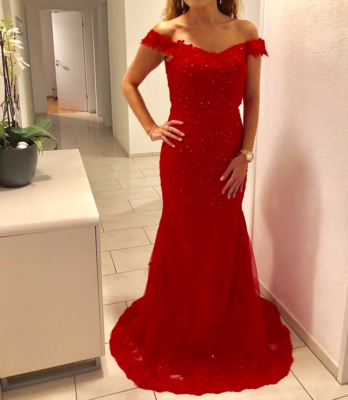 Red Mermaid Long Prom Dresses Off Shoulder Applique Lace Evening Dress Elegant Beaded Tulle Formal Party Gown for Women robe bal - Meyar