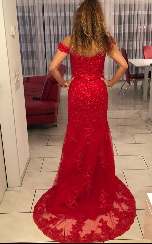 Red Mermaid Long Prom Dresses Off Shoulder Applique Lace Evening Dress Elegant Beaded Tulle Formal Party Gown for Women robe bal - Meyar