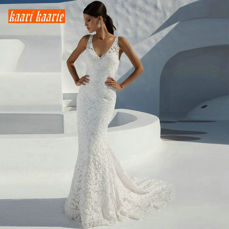 Sexy Mermaid Long Wedding Gowns 2019 Wedding Dress Women Formal Ivory V-Neck Lace Backless Sweep Train Cheap Lady Bridal Dresses - Meyar