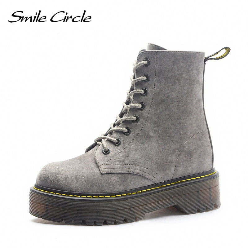 Smile Circle Size36-41 Chunky Motorcycle Boots For Women Autumn 2018 Fashion Round Toe Lace-up Combat Boots Ladies Shoes - Meyar