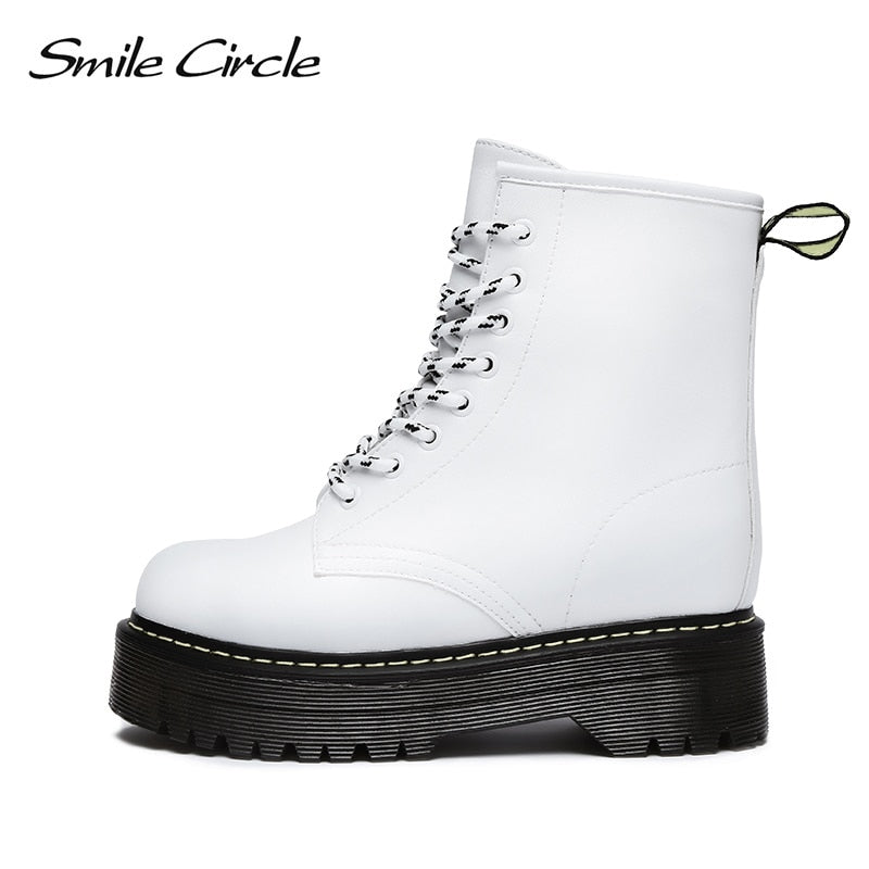 Smile Circle Size36-41 Chunky Motorcycle Boots For Women Autumn 2018 Fashion Round Toe Lace-up Combat Boots Ladies Shoes - Meyar