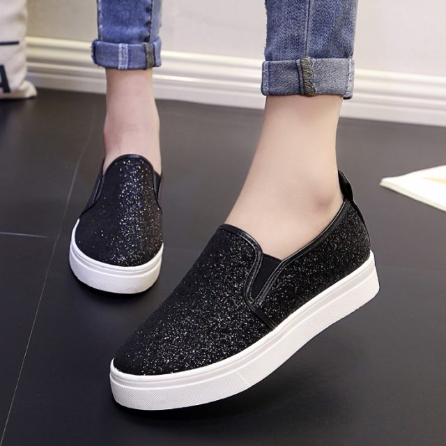 Spring Women Flats Platform Shoes Woman Loafers Slip on Flat Shoes Silver Casual Shoes Glitter Black Loafer zapatos mujer 6762 - Meyar