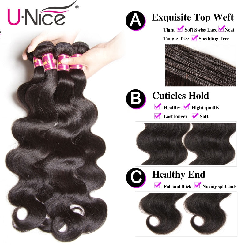 UNICE HAIR Brazilian Body Wave Hair Weave Bundles Natural Color 100% Human Hair weaving 1/3 Piece 8-30inch Remy Hair Extension - Meyar