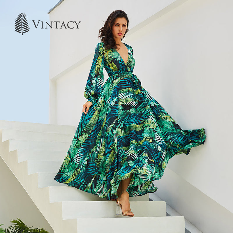 Vintacy Long Sleeve Dress Green Tropical Beach Vintage Maxi Dresses - Meyar