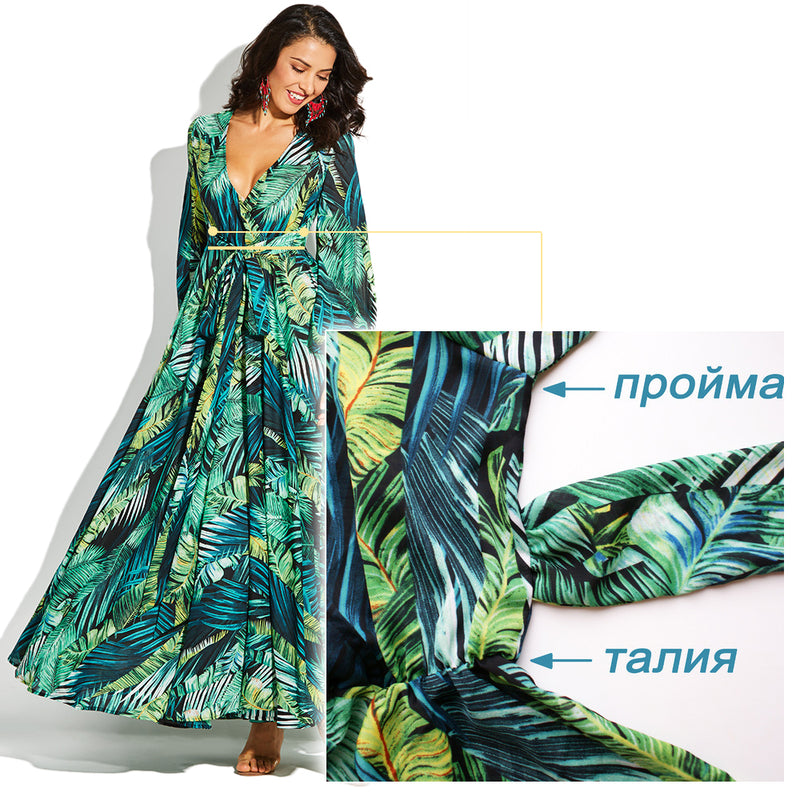 Vintacy Long Sleeve Dress Green Tropical Beach Vintage Maxi Dresses - Meyar