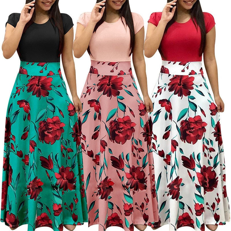 Vintage Floral Print Patchwork Long Dress Women 2019 Casual Short Sleeve Party Dress Elegant O Neck Ladies Maxi Dress Sundress - Meyar