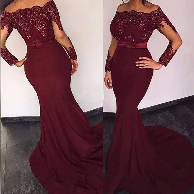 Women African Mermaid Evening Gowns Burgundy Boat Neck  Sequins Prom Dresses Sash Long Sleeves Prom Dress 2019 Party Gowns - Meyar