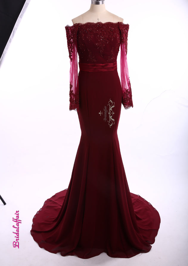 Women African Mermaid Evening Gowns Burgundy Boat Neck  Sequins Prom Dresses Sash Long Sleeves Prom Dress 2019 Party Gowns - Meyar