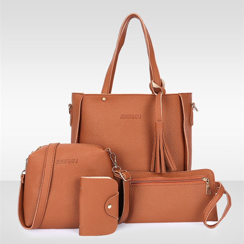 Women Bag Set Top-Handle Big Capacity Female Tassel Handbag Fashion Shoulder Bag Purse Ladies PU Leather Crossbody Bag - Meyar