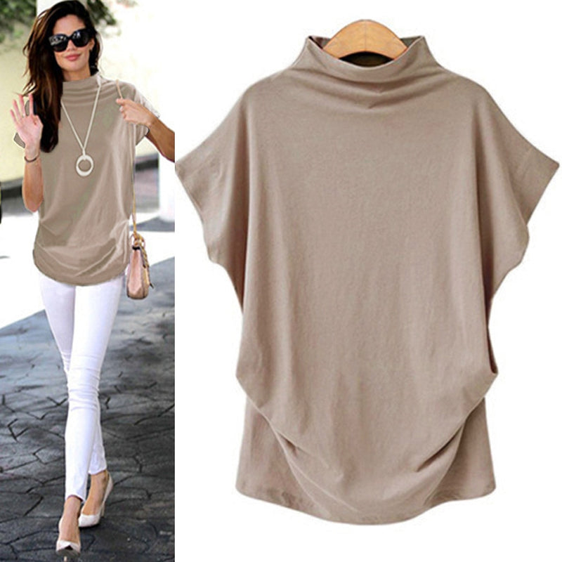 Women Casual Turtleneck Short Sleeve Cotton girl Solid Casual Blouse Top Shirt female Plus Size Solid girl clothing fashion - Meyar