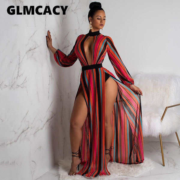 Women Striped V Neck Long Maxi Dress Sexy Split Long Sleeve Lace Dresses Hollow Out Night Clubwear Club Female Vestidos 2019 - Meyar