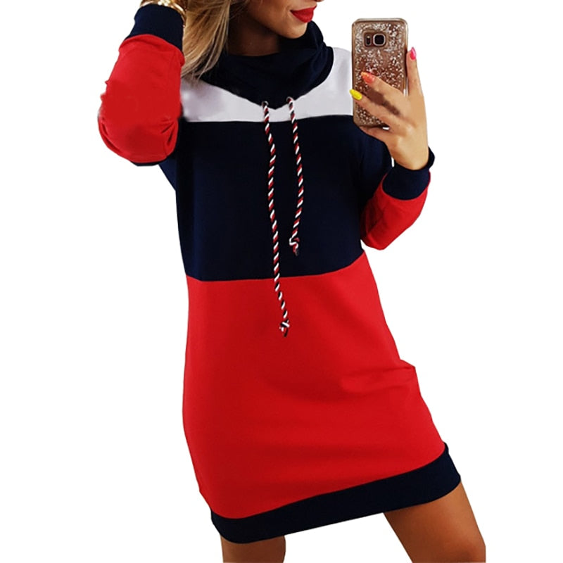 Women Winter Turtleneck Long Sleeve Hooded Plus Size 2018 Autumn Striped Colorful Hoodie Dress Sweatshirt Dress GV009 - Meyar
