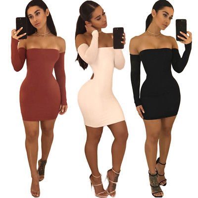 Womens Summer Long Sleeve Hollow Bandage Bodycon Night Club Party Dress Ladies Women Off Shoulder Sexy Dresses - Meyar