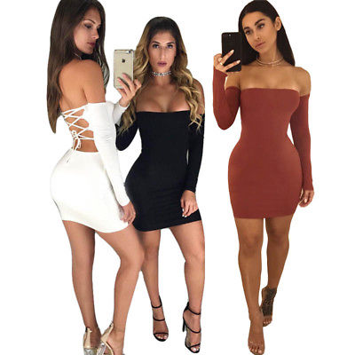 Womens Summer Long Sleeve Hollow Bandage Bodycon Night Club Party Dress Ladies Women Off Shoulder Sexy Dresses - Meyar