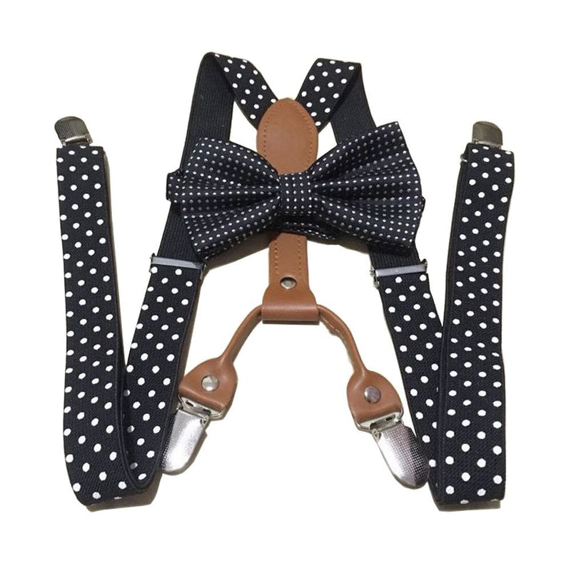 Yienws Polka Dot Bow Tie Suspenders for Men Women 4 Clip Leather Suspensorio Adult Bowtie Braces for Trousers Navy Red YiA119 - Meyar