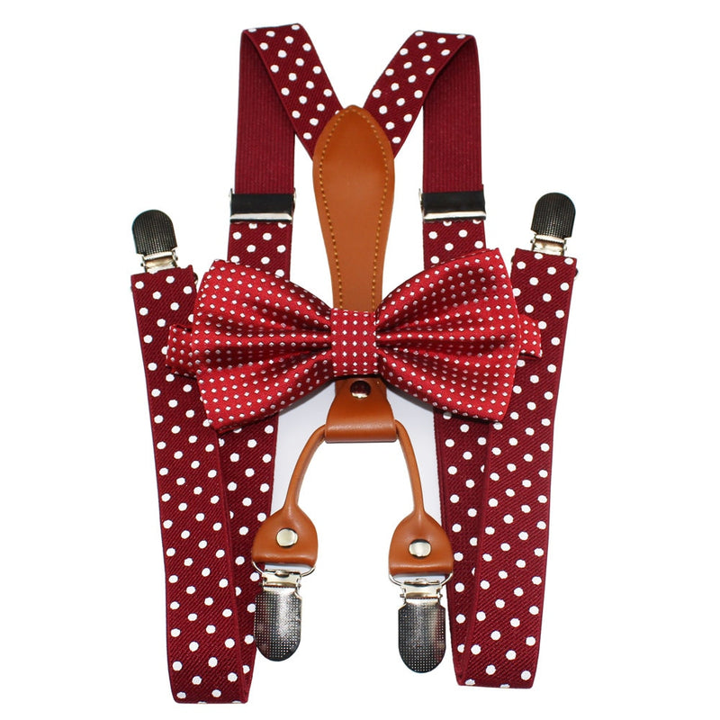 Yienws Polka Dot Bow Tie Suspenders for Men Women 4 Clip Leather Suspensorio Adult Bowtie Braces for Trousers Navy Red YiA119 - Meyar