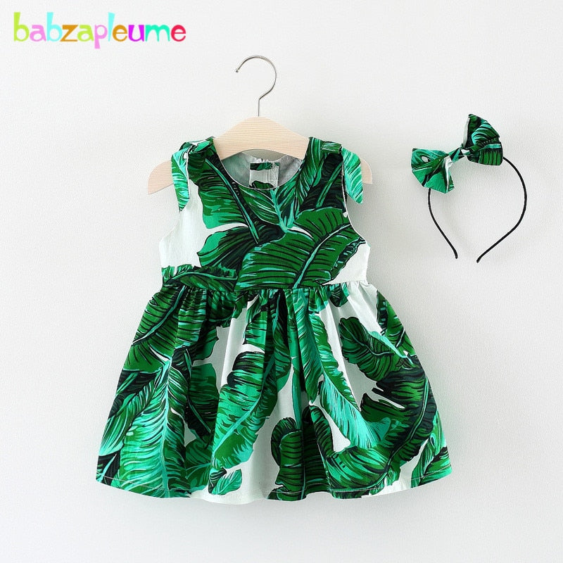 New Born Baby Girls Clothes 3 Years 2018 Summer Dresses Fashion Green Leaves Cotton Sleeveless Dress+Headwear BC1701 - Meyar