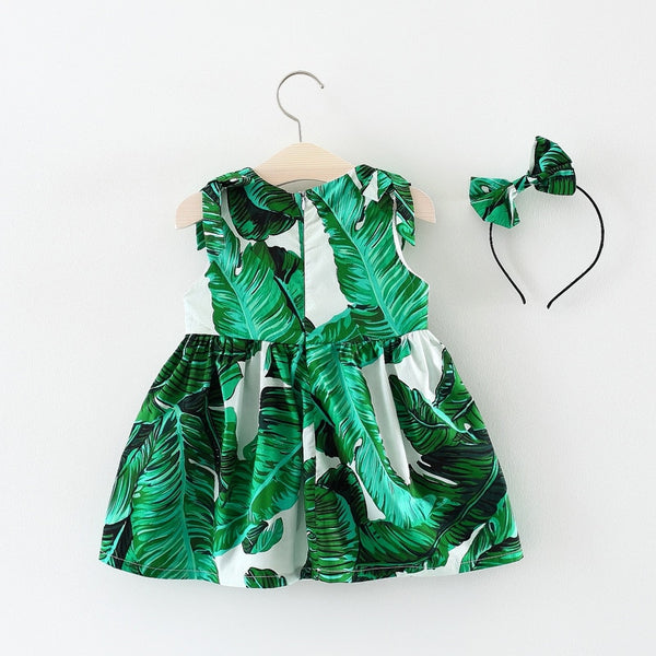 New Born Baby Girls Clothes 3 Years 2018 Summer Dresses Fashion Green Leaves Cotton Sleeveless Dress+Headwear BC1701 - Meyar