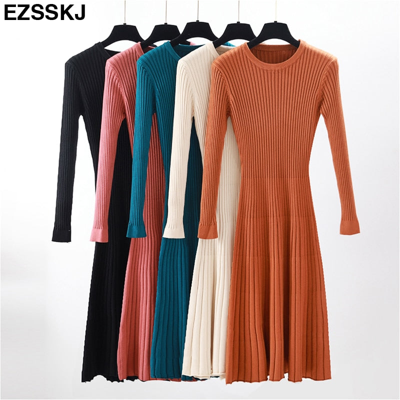 elegant Long sleeve OL O-neck long Sweater dress women Thick knit Autumn Winter dress female Slim A-line basic dress casual - Meyar