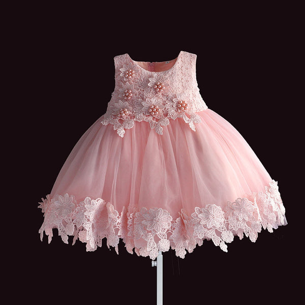 new born baby girl dress pink lace baby wedding party ball gown pearl sleeveless girls christmas clothes vestido infantil 6M-4Y - Meyar