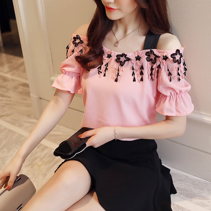 new summer sweet pink chiffon women blouse shirt fashion 2019 short sleeve women tops slash neck women's clothing blusas D836 30 - Meyar